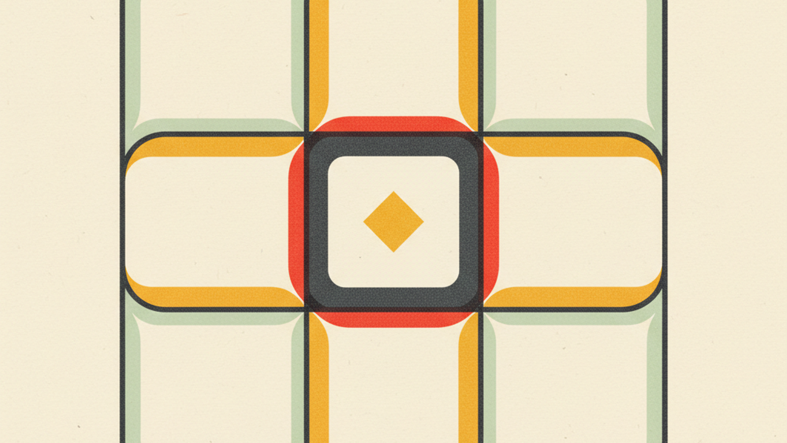 A soft grid of overlapping translucent sage and amber rounded rectangles with a solid amber diamond at their intersection