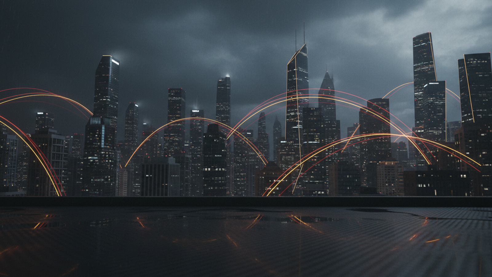 A night city skyline with yellow and red signal arcs between towers
