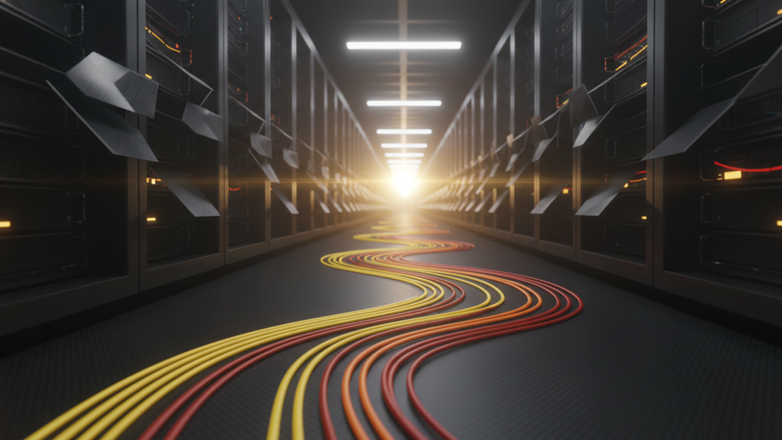 A data-center corridor with yellow and red light lines running toward a bright vanishing point