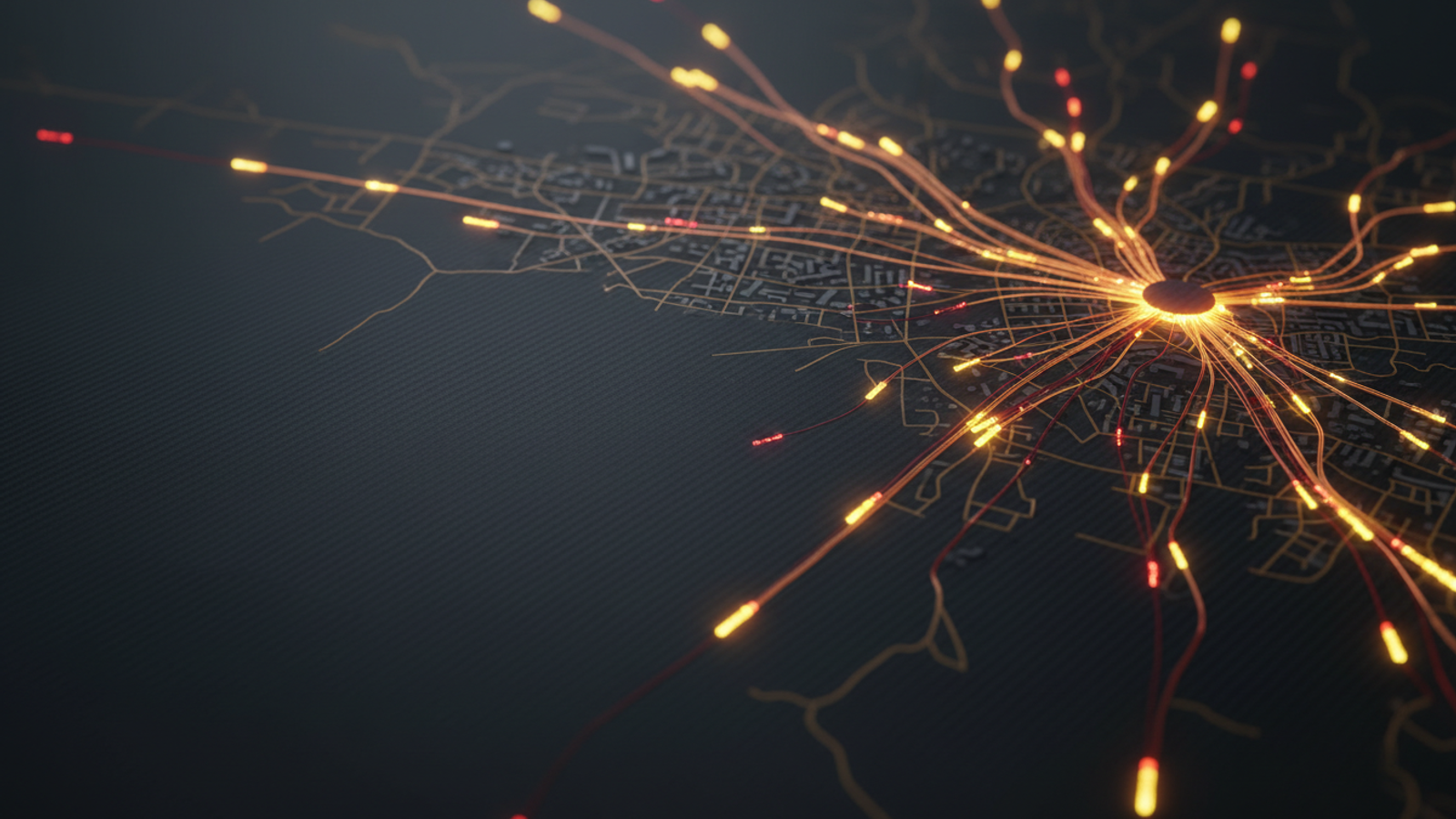 Fiber-optic strands fanning across a dark city map, tips glowing yellow and orange