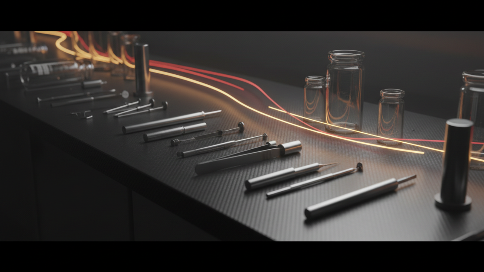 Glass vials and steel instruments on a dark bench with a yellow and red light trail