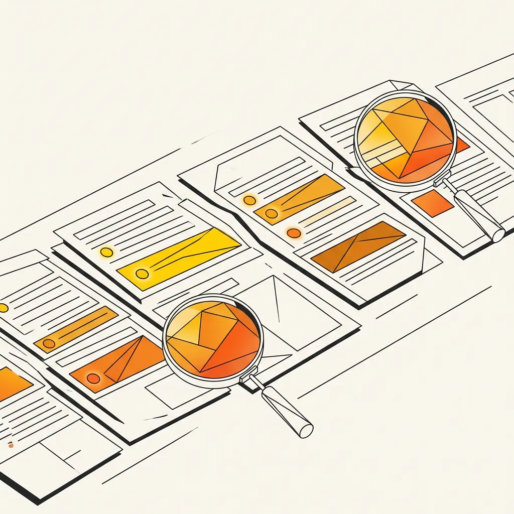 Editorial illustration of captured AI answers laid out on a desk and inspected through amber lenses