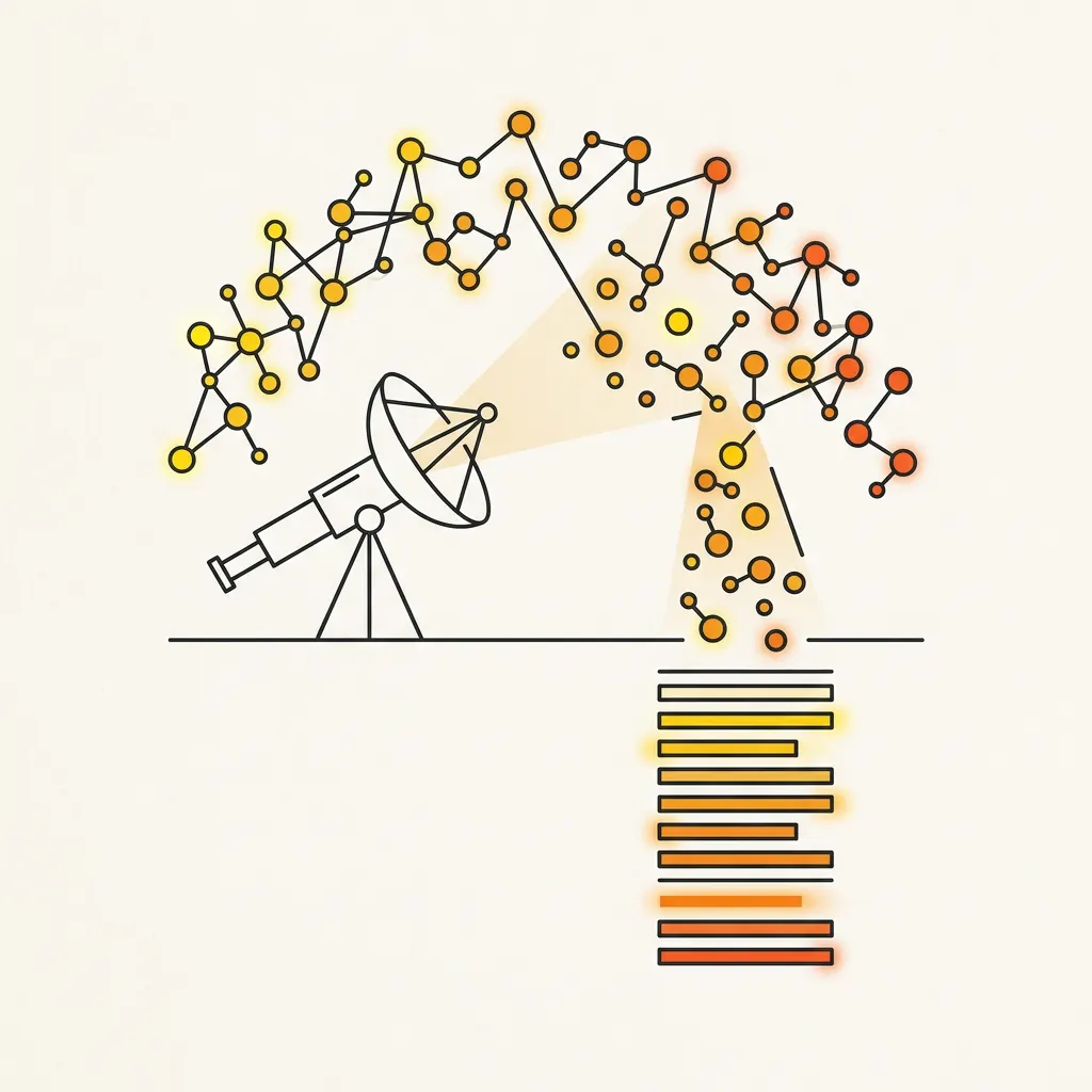 A telescope scanning a constellation of geometric nodes that represent buyer questions