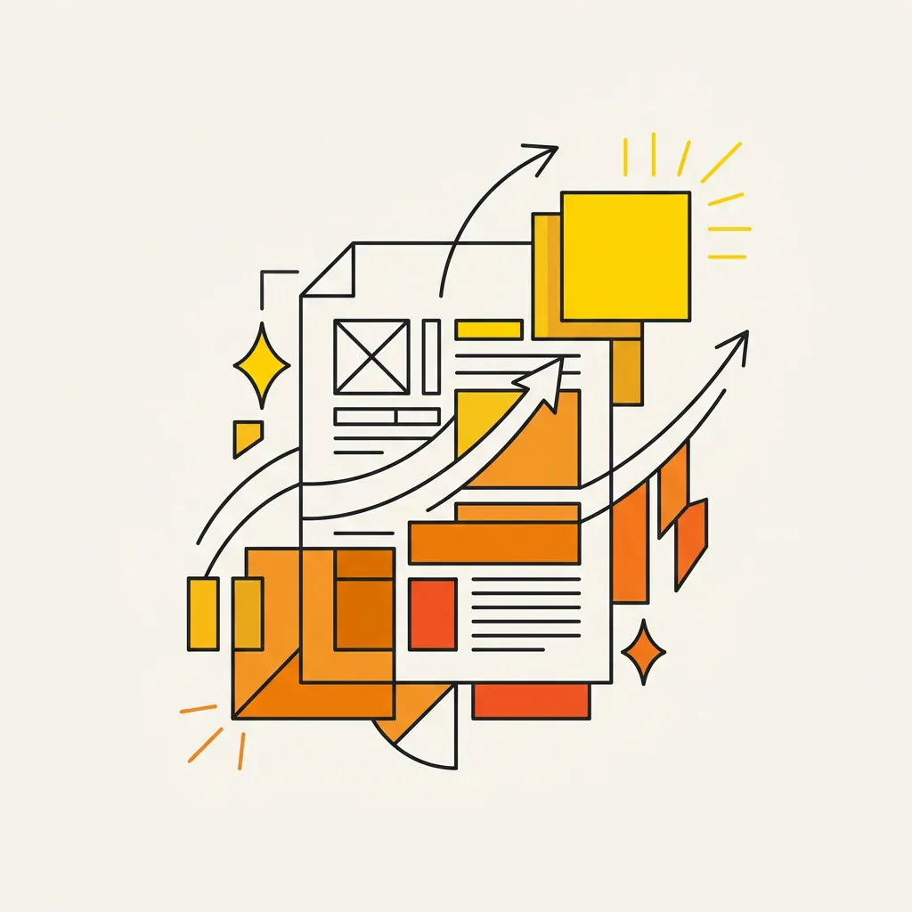 A balanced geometric diagram showing a document page being refined and upgraded